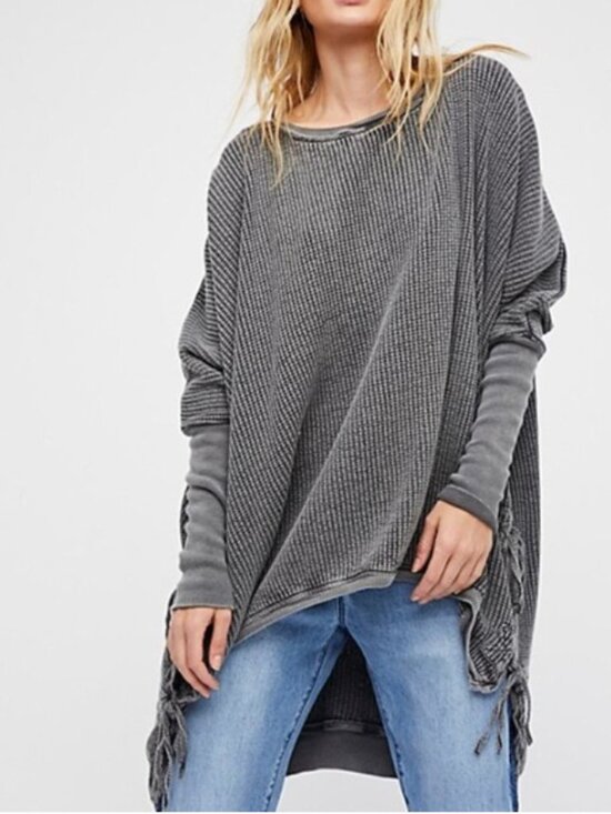 Free People Tops - Free People FP One Interlaken Waffle Knit Thermal Tunic Gray Boho Sz Large
